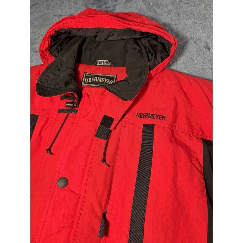 Vintage Obermeyer Ski Jacket Mens L Red Black Colorblock Hooded Insulated Winter
